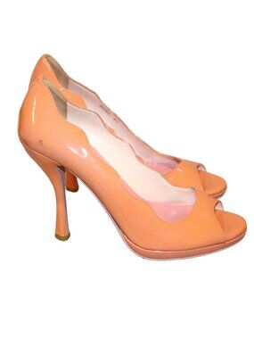 Prada  Coral Orange Patent Leather Scalloped Peep-Toe Heels Size 37
